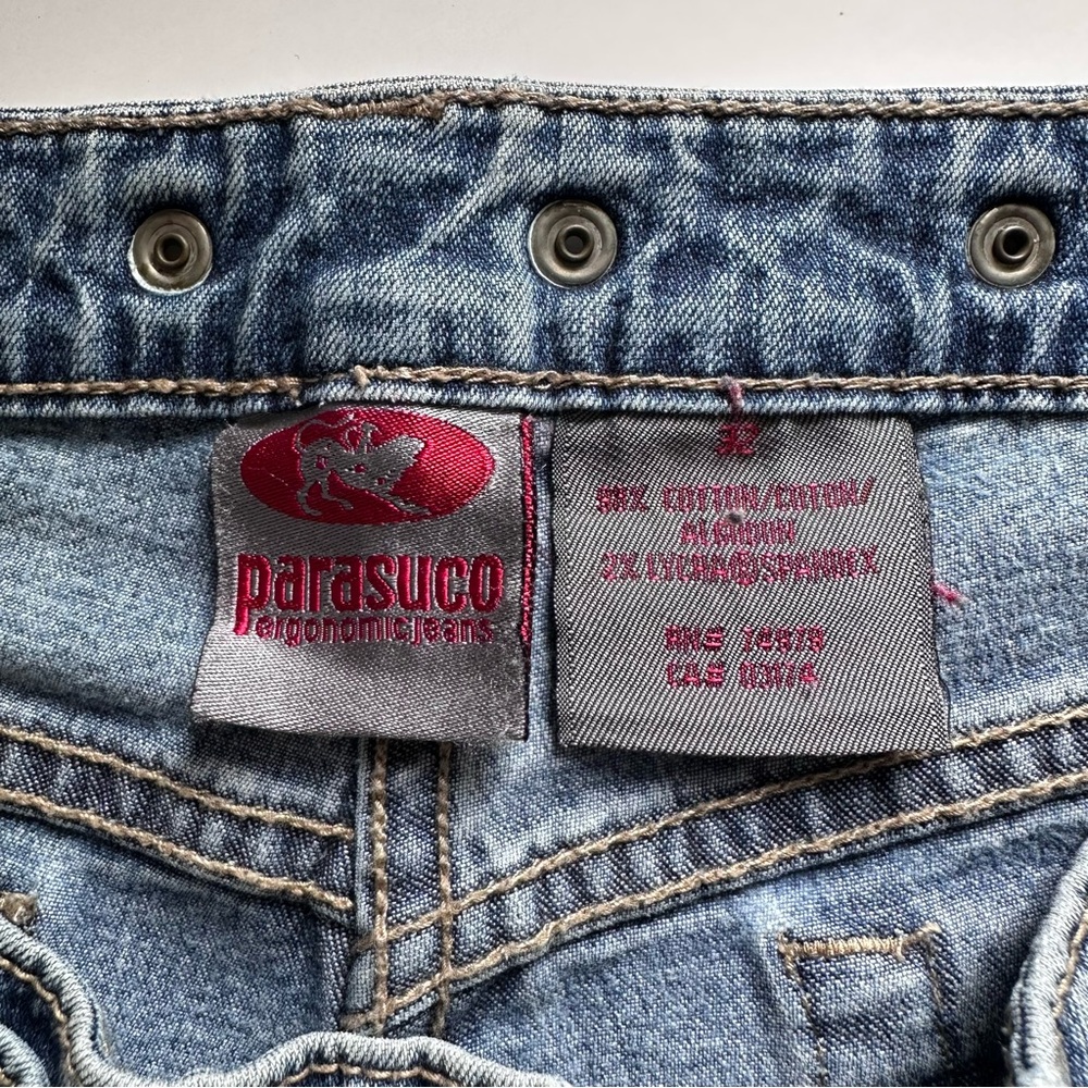 Vintage 90s Y2K Parasuco Jeans Light Blue Flare Asymmetrical Waistband - Size 32 - Picture 6 of 10